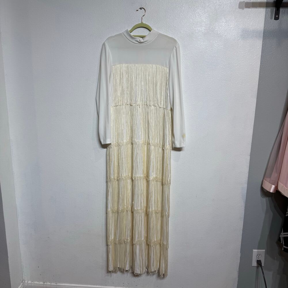 White Vintage Fringe Long Sleeve Maxi Dress Sz M - Picture 2 of 13